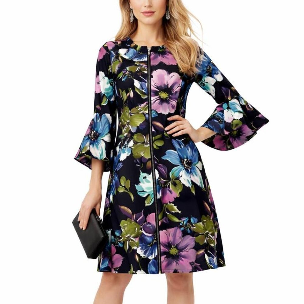 Gabby Skye Floral Printed Bellsleeve Shift Dress